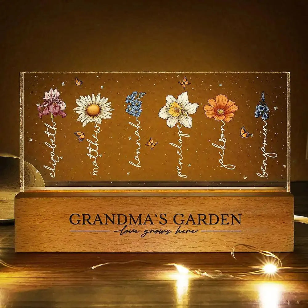 Grandma's Garden LED Light - Personalized Birth Month Flower Night Light - Custom Grandkids Names - Acrylic Plaque Mother's Day Nana Gift