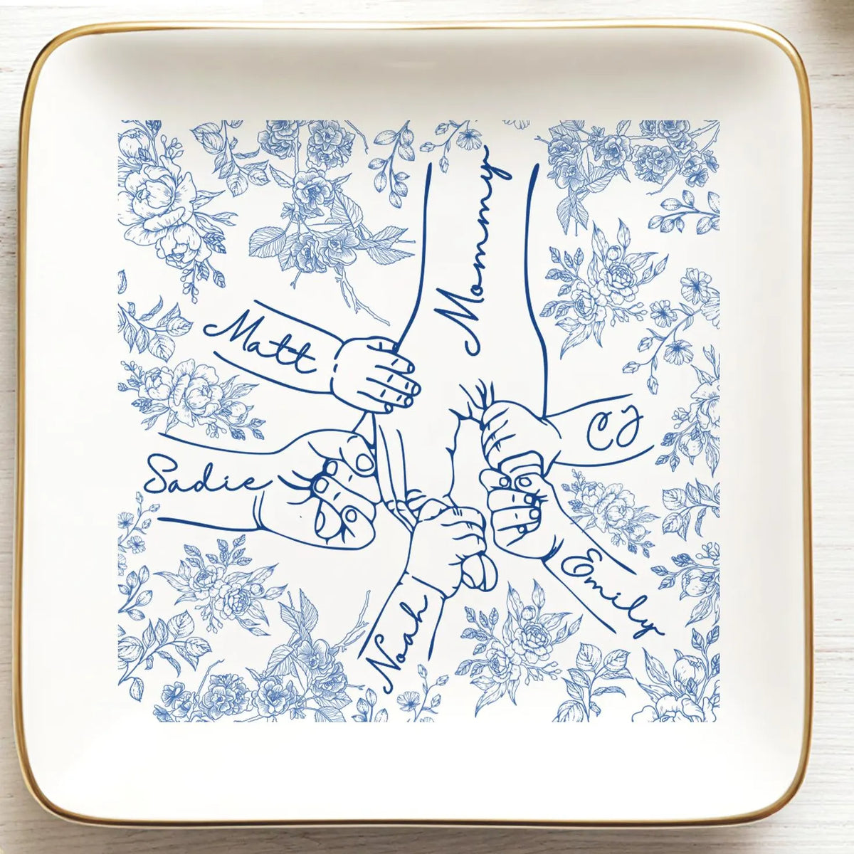 Personalized Holding Mom's Hand Ceramic Jewelry Dish with 1-6 Kids: Chinoiserie Mom Trinket Dish, Mothers Day Gift for Mom, Mama Ring Holder