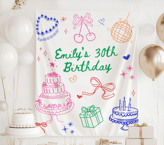 Custom 30th Birthday Banner, ANY AGE Birthday Banner for Her, Doodle Birthday Banner, Multi Color 30th Birthday Backdrop, 30th Decorations