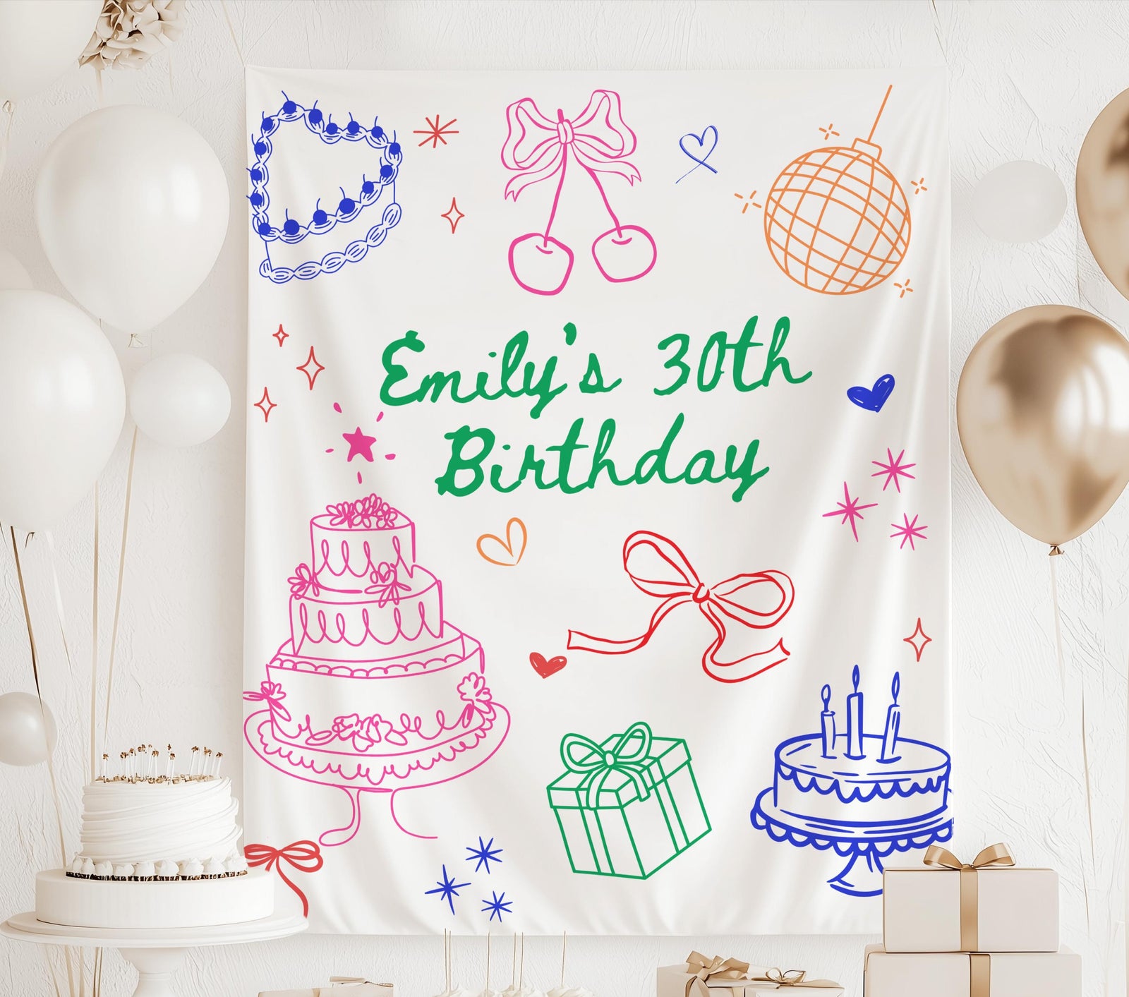 Custom 30th Birthday Banner, ANY AGE Birthday Banner for Her, Doodle Birthday Banner, Multi Color 30th Birthday Backdrop, 30th Decorations