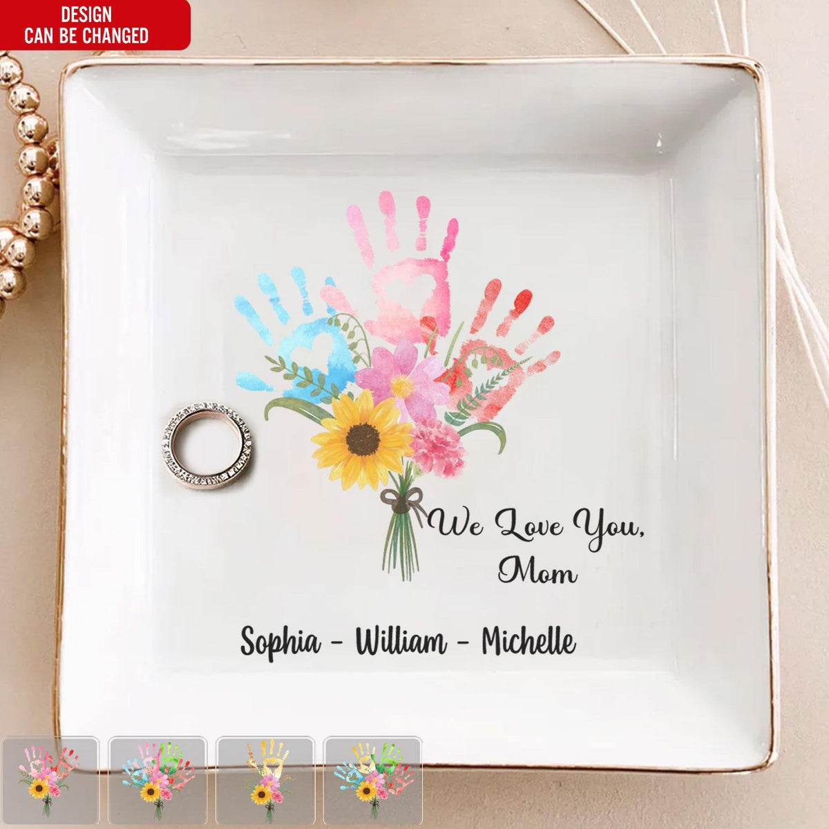 We Love You Mom Hand Prints Bouquet - Personalized Jewelry Dish, Mother's Day Gift for Mom/Grandma, Wedding Favor Gifts For Mom