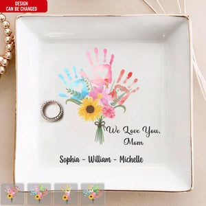 We Love You Mom Hand Prints Bouquet - Personalized Jewelry Dish, Mother's Day Gift for Mom/Grandma, Wedding Favor Gifts For Mom
