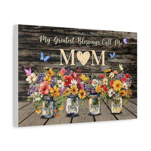 Personalized Mom Canvas with Custom Family Name Floral Art Print, Elegant Botanical Wall Decor Gift for Mother, Unique Family Keepsake Artwork Design