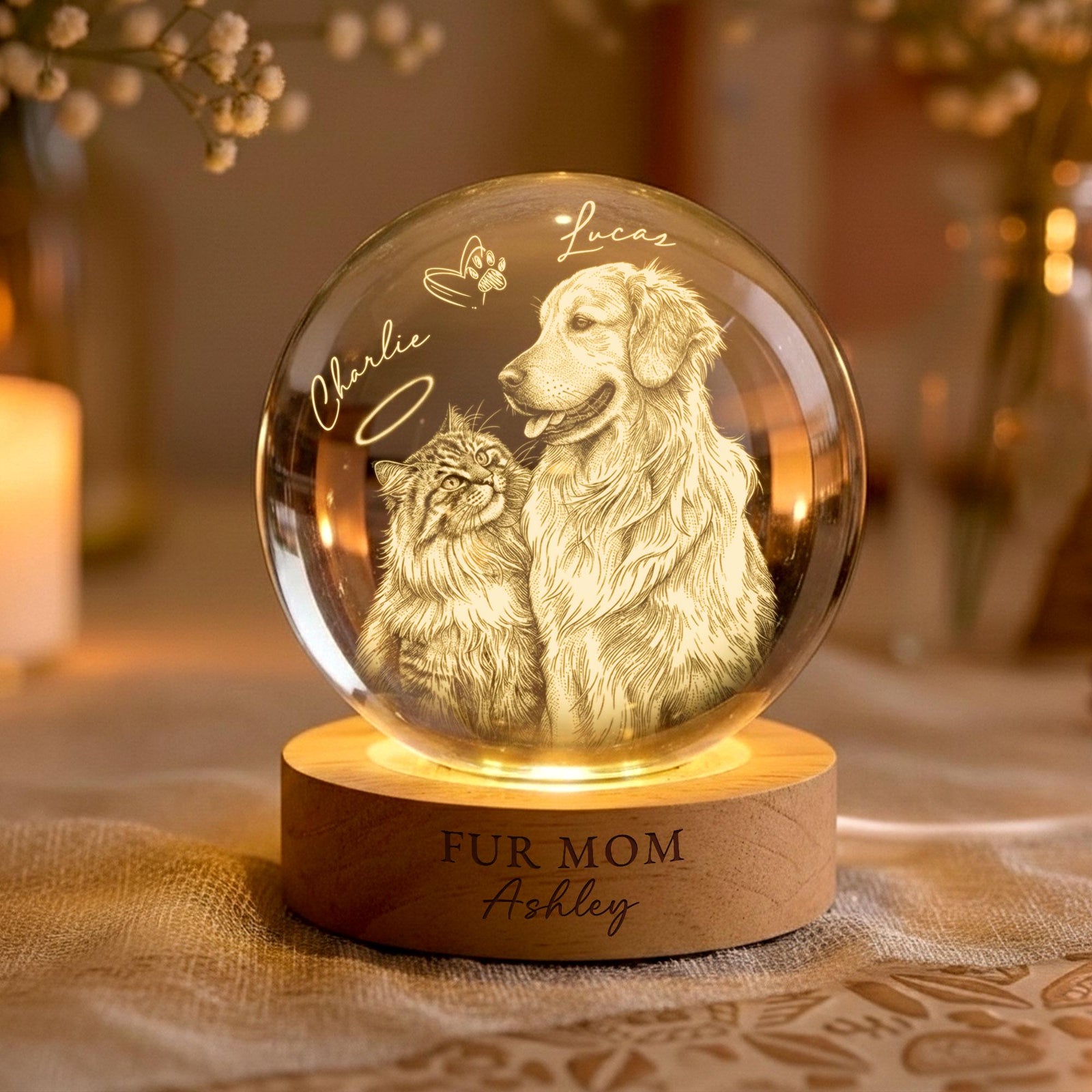 Personalized Dog Mom/Cat Mom Crystall Ball LED Light Lamp, Pet Portrait Gift For Cat Dog Lovers, Pet Mum Remembrance Gifts