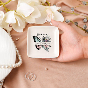 Personalized Ceramic Mom Ring Dish, Butterfly Flower Jewelry Tray, Birthday Wedding Gifts for Her, Mother's Day Gifts for Mom Grandma Nana