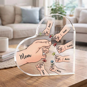 Personalized Name Mom And Kid Hands Heart Acrylic Plaque, Mother's Day Gift, Grandma Gifts, Floral Frame Birthday For Her