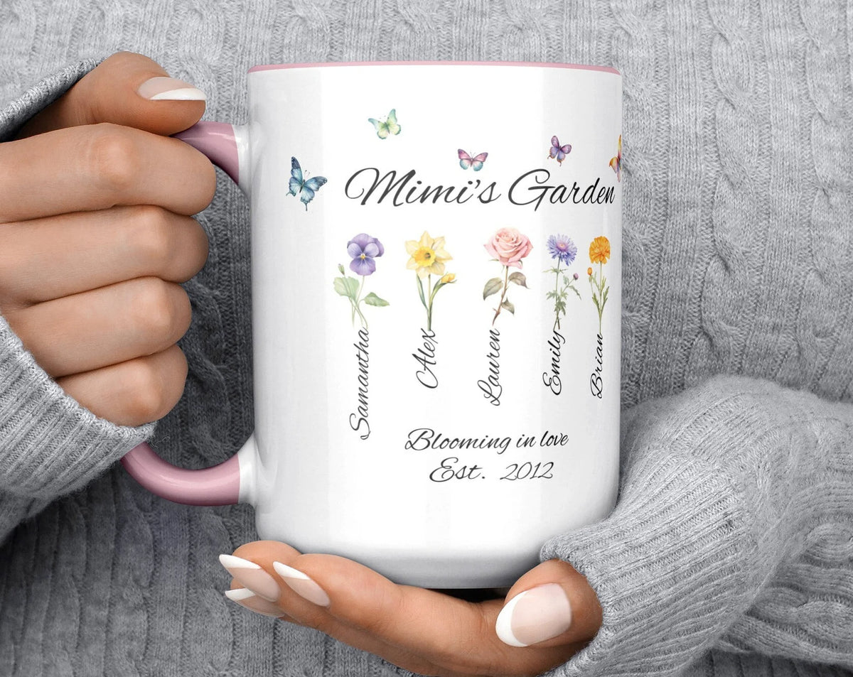 Personalized Mimi's Garden Coffee Mug, Mother's Day Gift For Mimi, Grandkid's Names And Birth Month Flower, Gift From Grandchildren