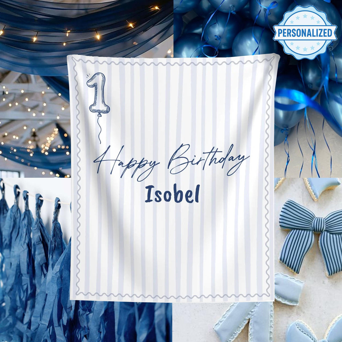 Blue First Birthday Banner - Personalized Name Backdrop, 1st Birthday Decor for Boy or Girl, High Chair or Wall, Cake Smash Photo Prop