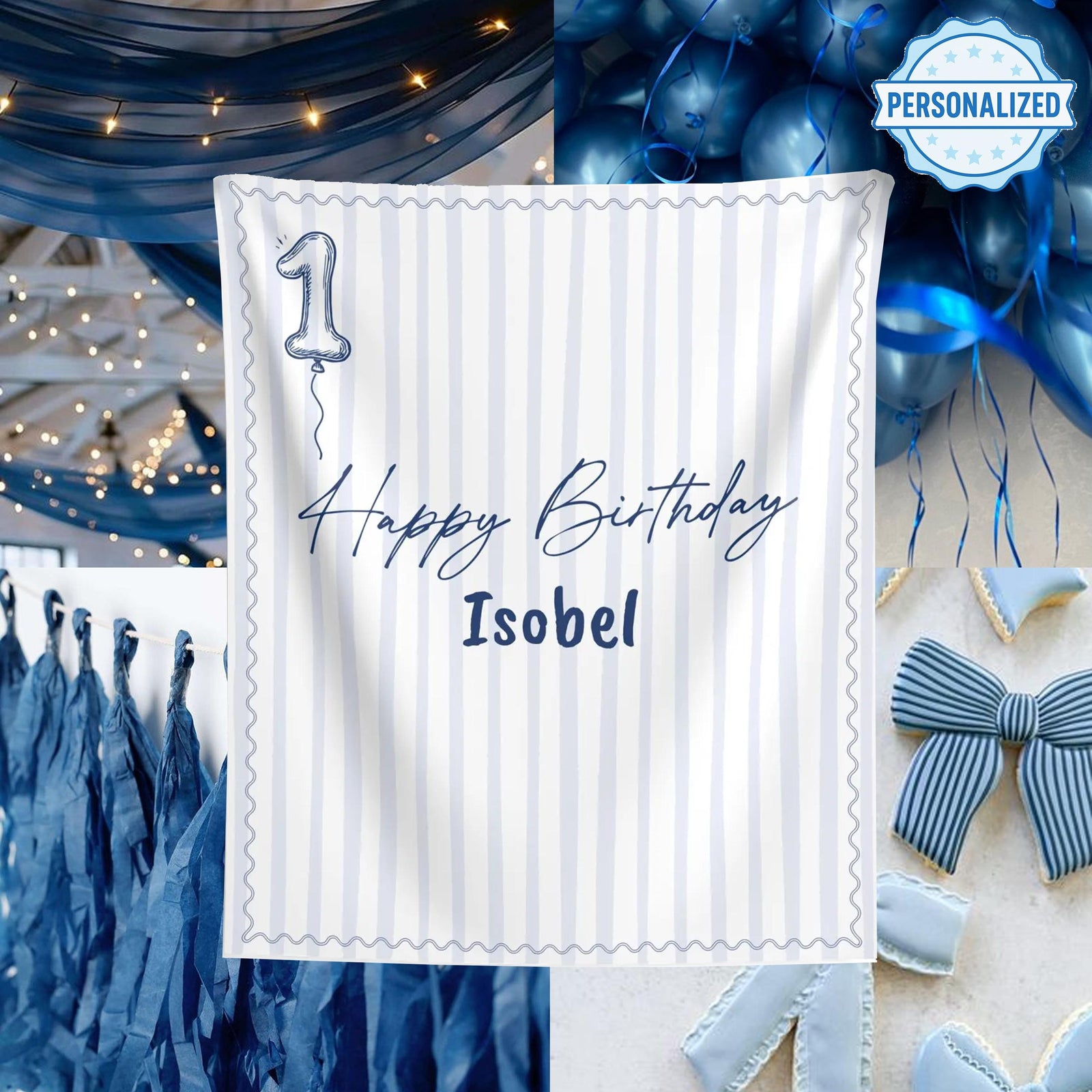 Blue First Birthday Banner - Personalized Name Backdrop, 1st Birthday Decor for Boy or Girl, High Chair or Wall, Cake Smash Photo Prop