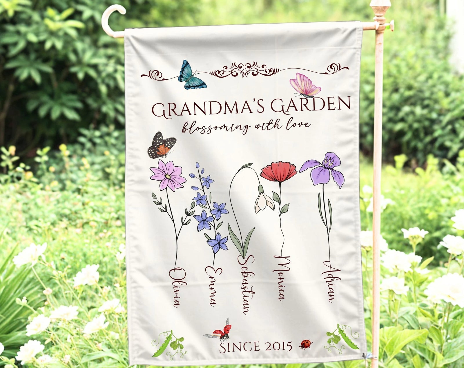 Personalized Grandma's Garden Flag Custom Floral Name Mother's Day Gift Nana's Decor