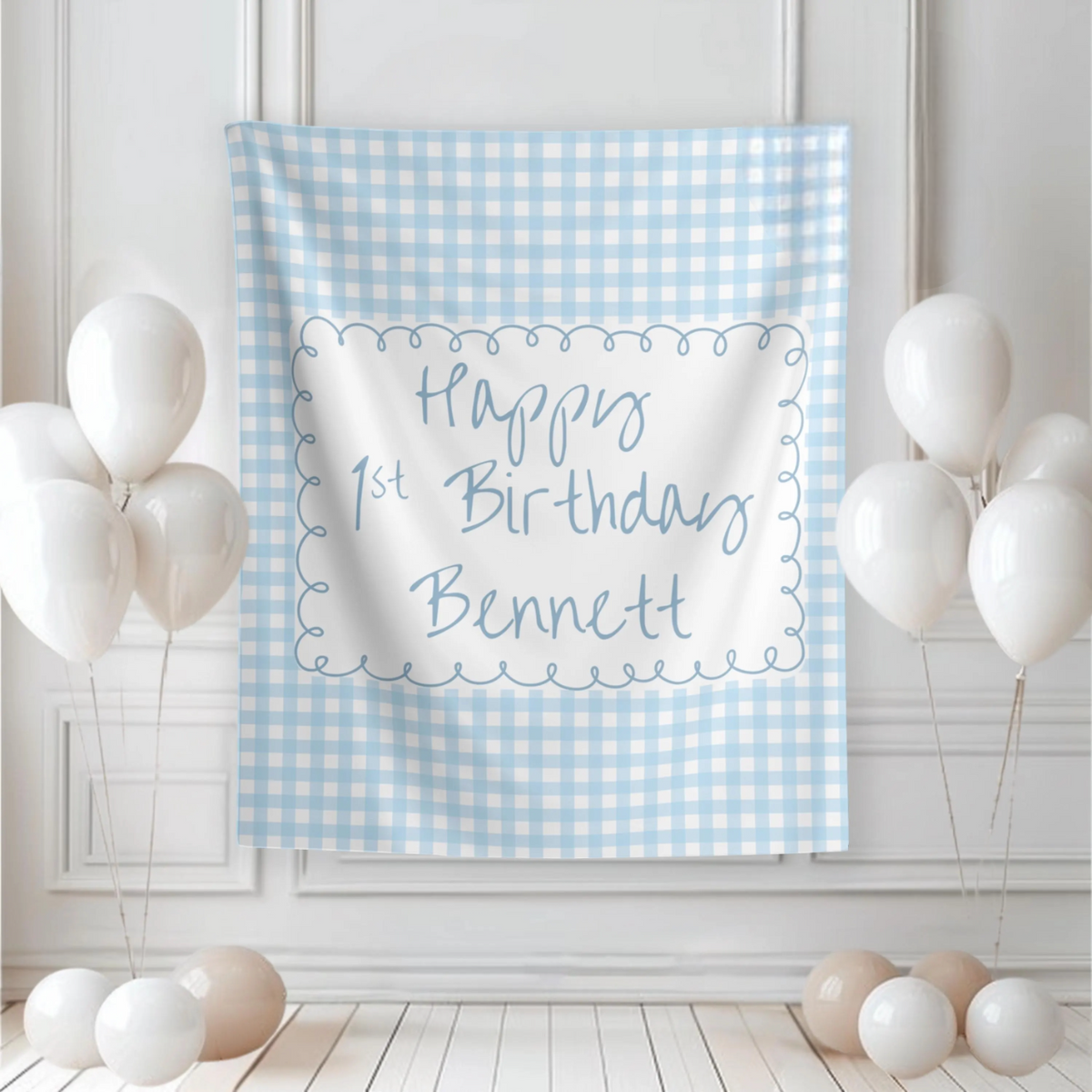 Personalized Blue Gingham Birthday Banner - Custom Party Backdrop