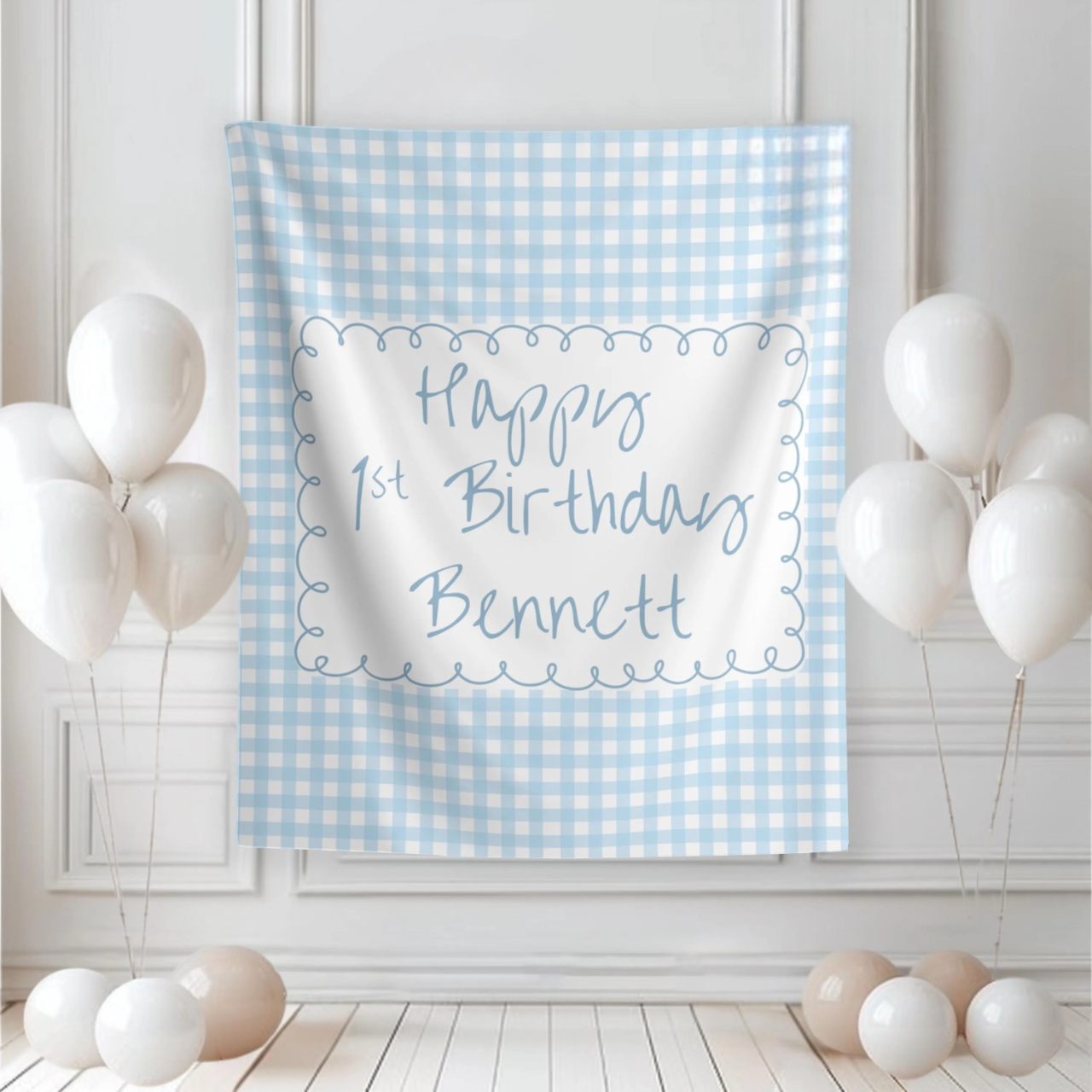 Personalized Blue Gingham Birthday Banner - Custom Party Backdrop