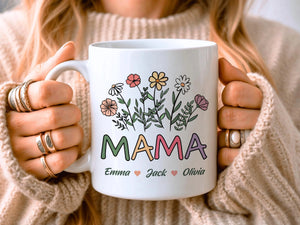 Personalised Mama Mug, Gift For Mum Mama Mom, Flower Mug, Mother's Day, Children's Names, Mama Birthday Present, Cute Mama Gift