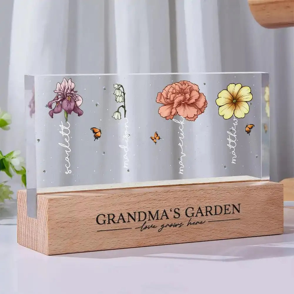 Grandma's Garden LED Light - Personalized Birth Month Flower Night Light - Custom Grandkids Names - Acrylic Plaque Mother's Day Nana Gift