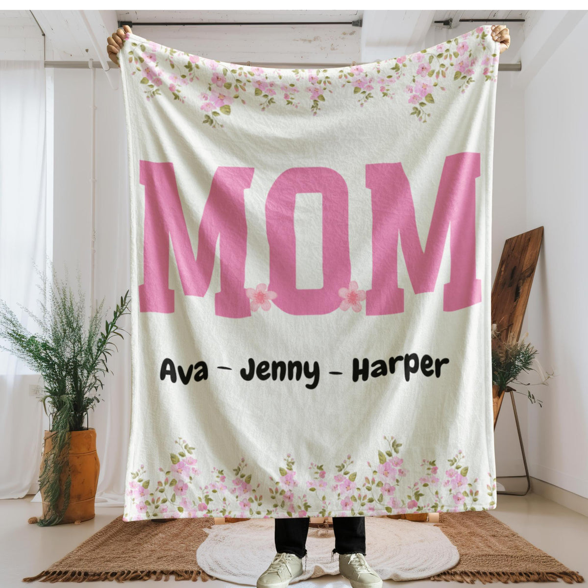 Personalized Floral Mom Blanket With Kids Names, Custom Mother's Throw, Gift For Mother