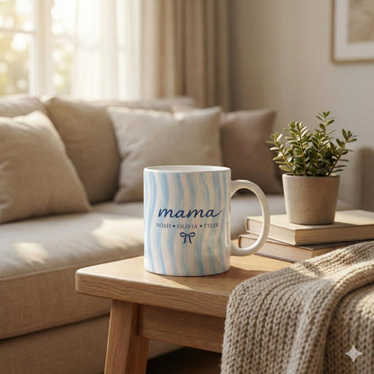 Custom Mom Name Ceramic Mug with Kids Names: Personalized Family Blue Striped Drinkware