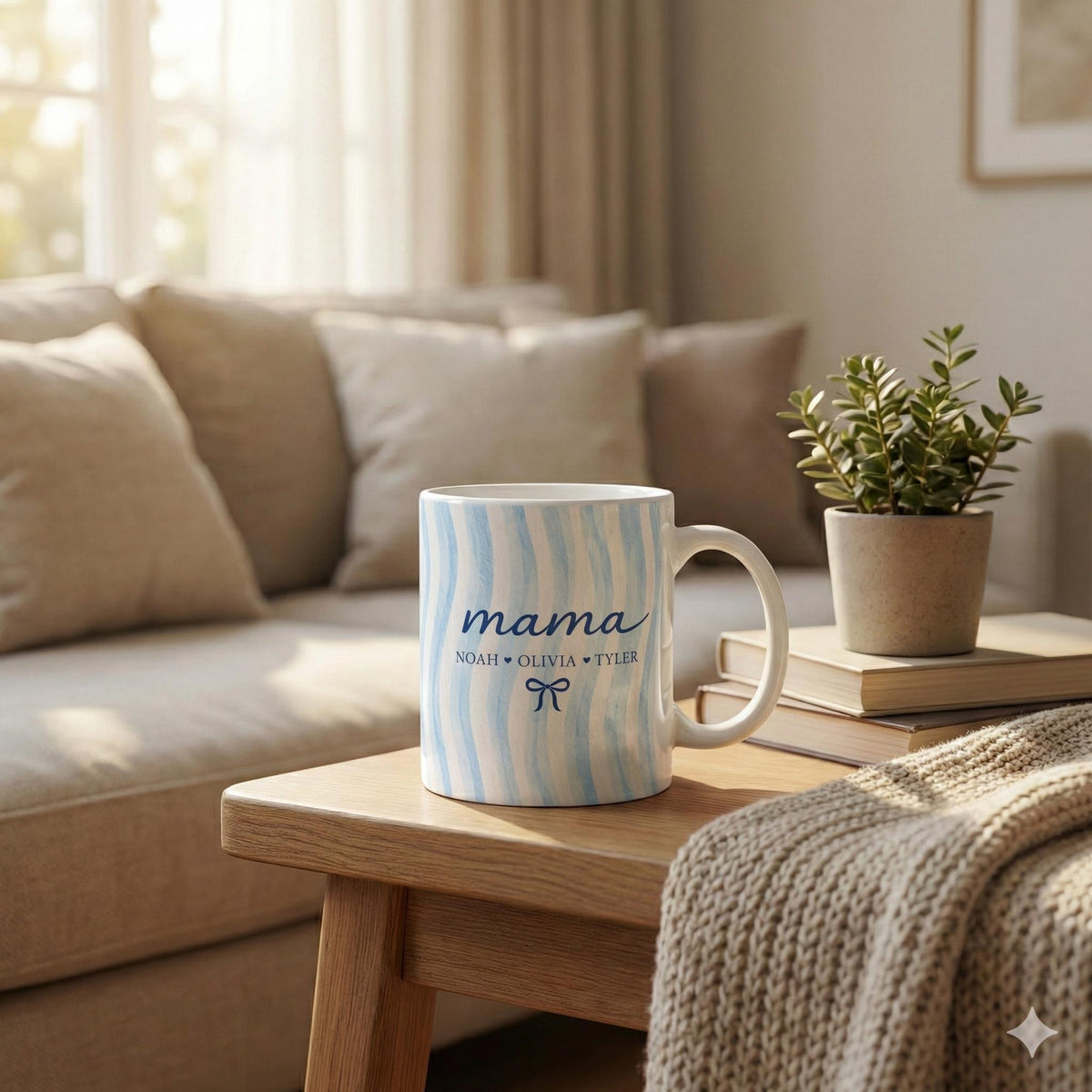 Custom Mom Name Ceramic Mug with Kids Names: Personalized Family Blue Striped Drinkware