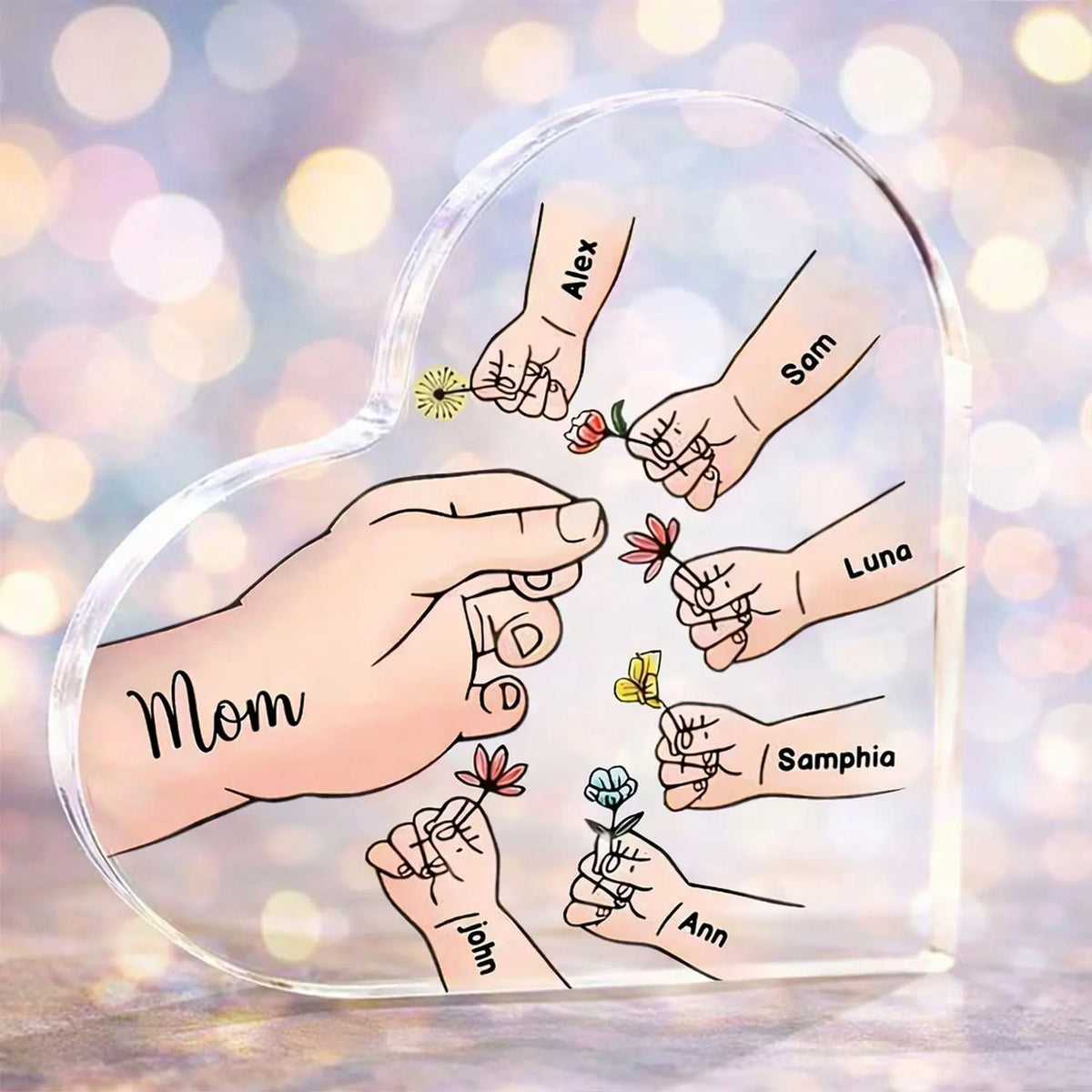 Personalized Name Mom And Kid Hands Heart Acrylic Plaque, Mother's Day Gift, Grandma Gifts, Floral Frame Birthday For Her