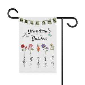 Personalized Welcome To Grandma's Garden Flag BirthDay Gift For Grandmother Custom Grandkids Name Mimi Granny Birthday Garden Sign banner