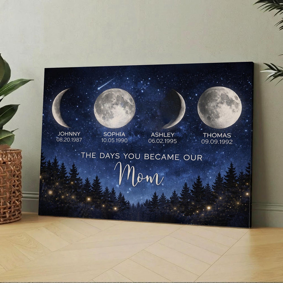 Personalized Moon Phase Canvas for Mom, Custom Family Moon Art with Names & Dates, Mother s Day Gift, Mom Wall Art