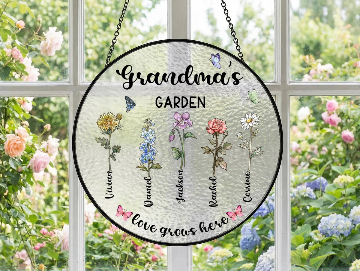 Personalized Grandma s Garden Glass Suncatcher, Custom Birth Flower Grandma Gift, Mothers Day Gift for Grandma