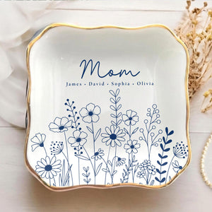 Custom Ring Dish for Mom Grandma with Kids Name, Grandma Trinket Dish, Wildflower Jewelry Tray, Birthday Mothers Day Gift for Mom or Grandma