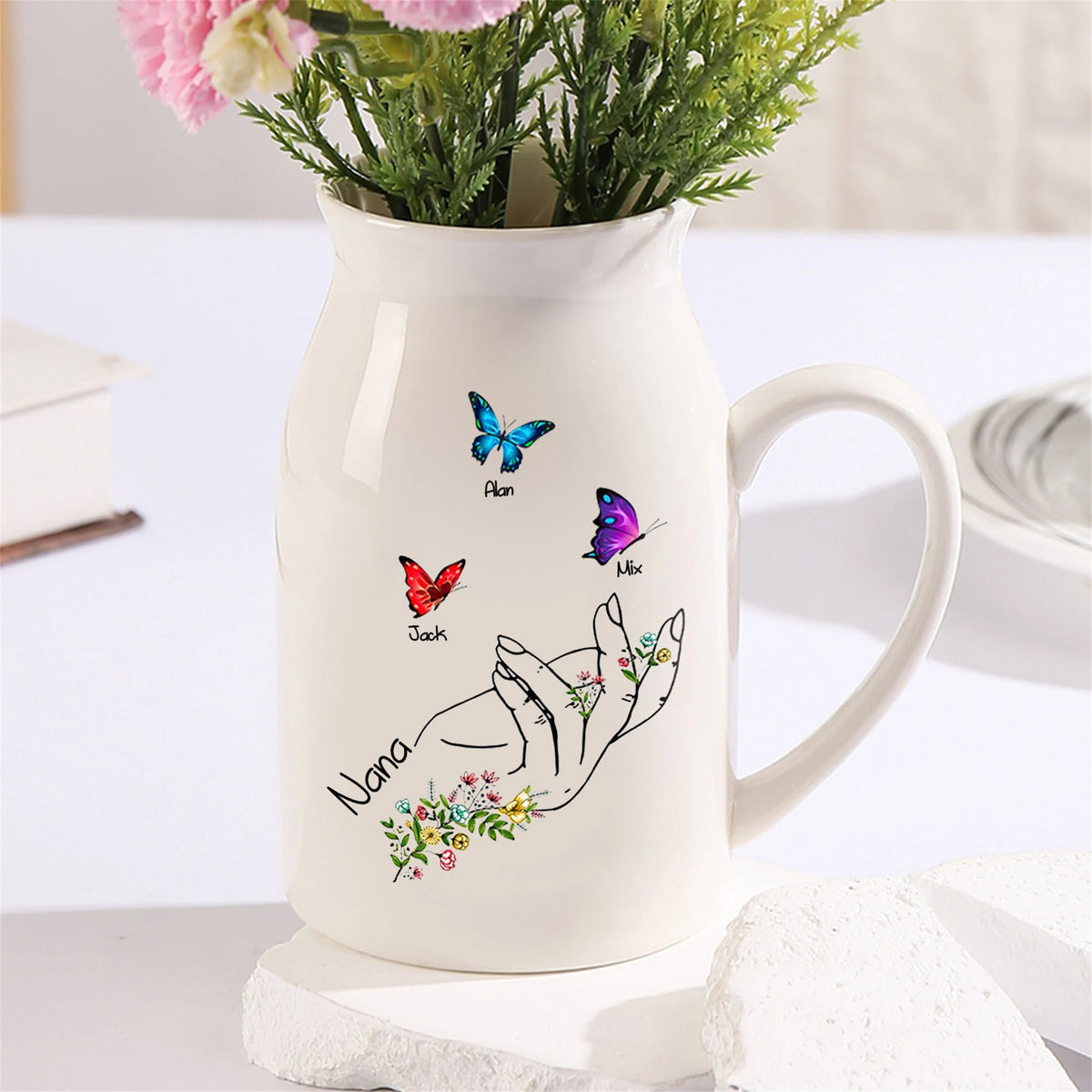 Personalized Mom With Kids Names Flower Vase, Custom Vase Gifts for Mom, Grandma Gifts, Custom Mom Birthday Jug Vase