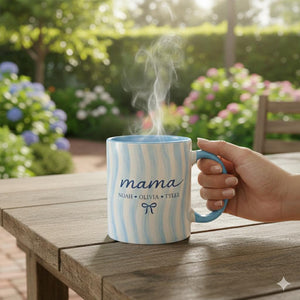 Custom Mom Name Ceramic Mug with Kids Names: Personalized Family Blue Striped Drinkware