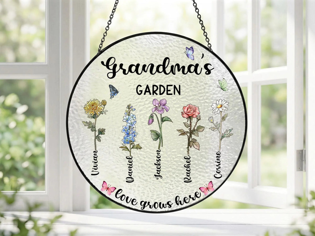 Personalized Grandma s Garden Glass Suncatcher, Custom Birth Flower Grandma Gift, Mothers Day Gift for Grandma