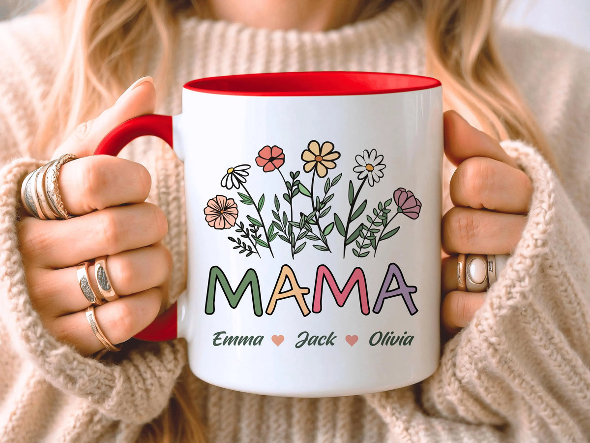 Personalised Mama Mug, Gift For Mum Mama Mom, Flower Mug, Mother's Day, Children's Names, Mama Birthday Present, Cute Mama Gift