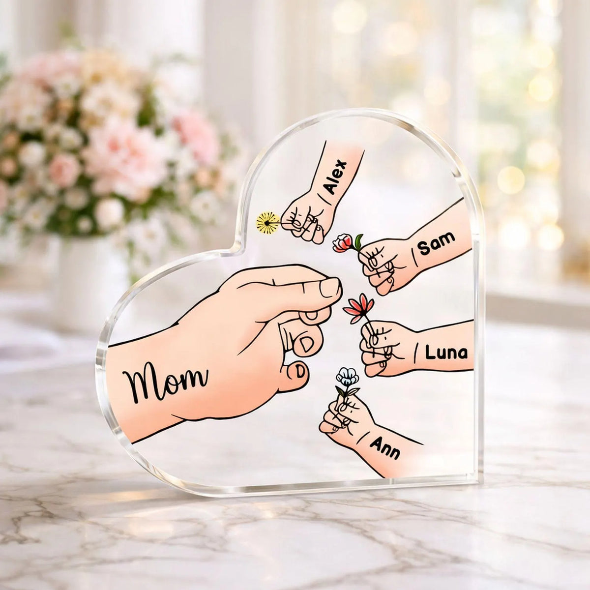 Personalized Name Mom And Kid Hands Heart Acrylic Plaque, Mother's Day Gift, Grandma Gifts, Floral Frame Birthday For Her