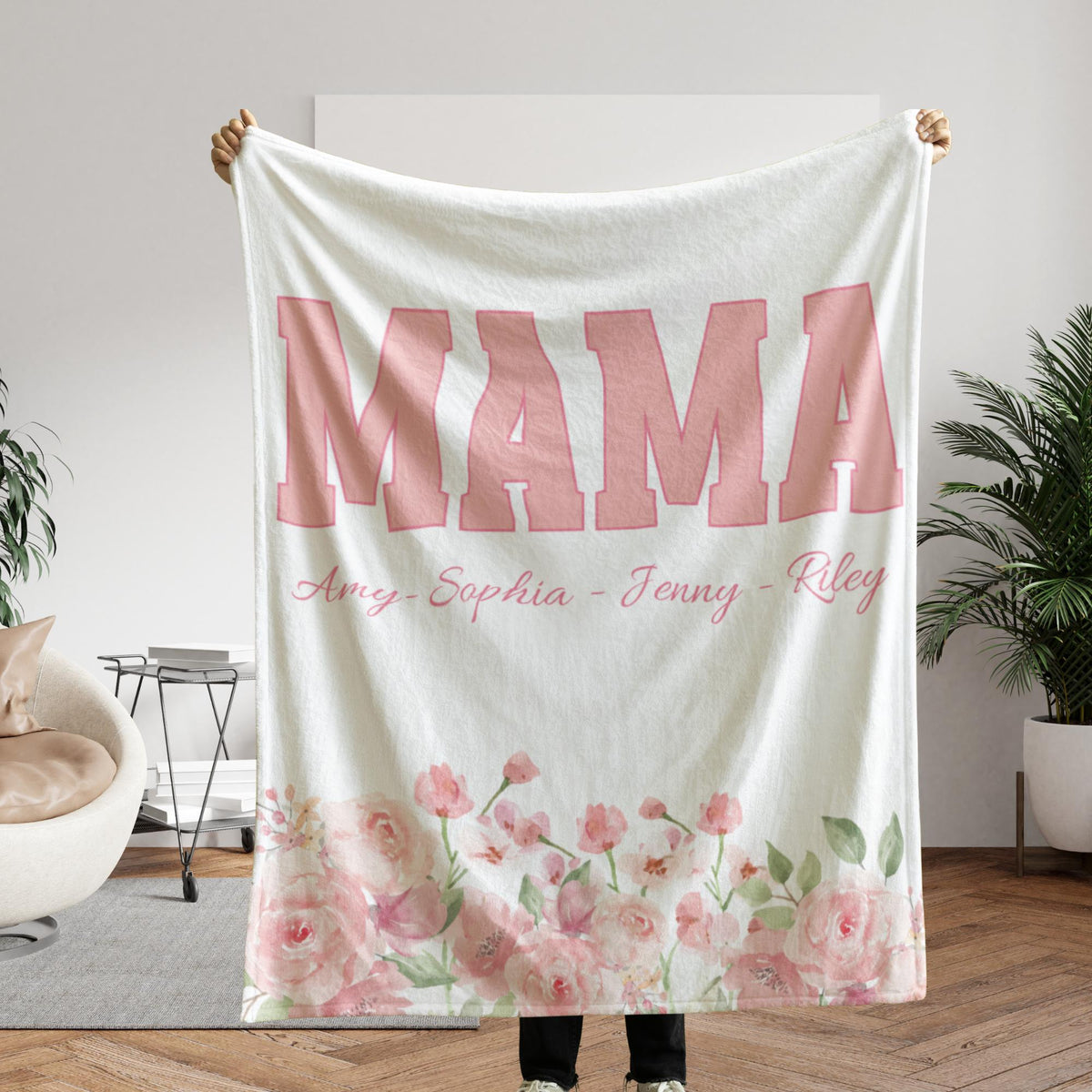 Personalized Floral Mom Blanket With Kids Names, Custom Mother's Throw, Gift For Mother