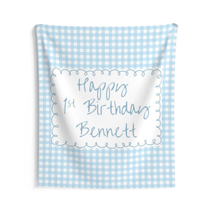 Personalized Blue Gingham Birthday Banner - Custom Party Backdrop