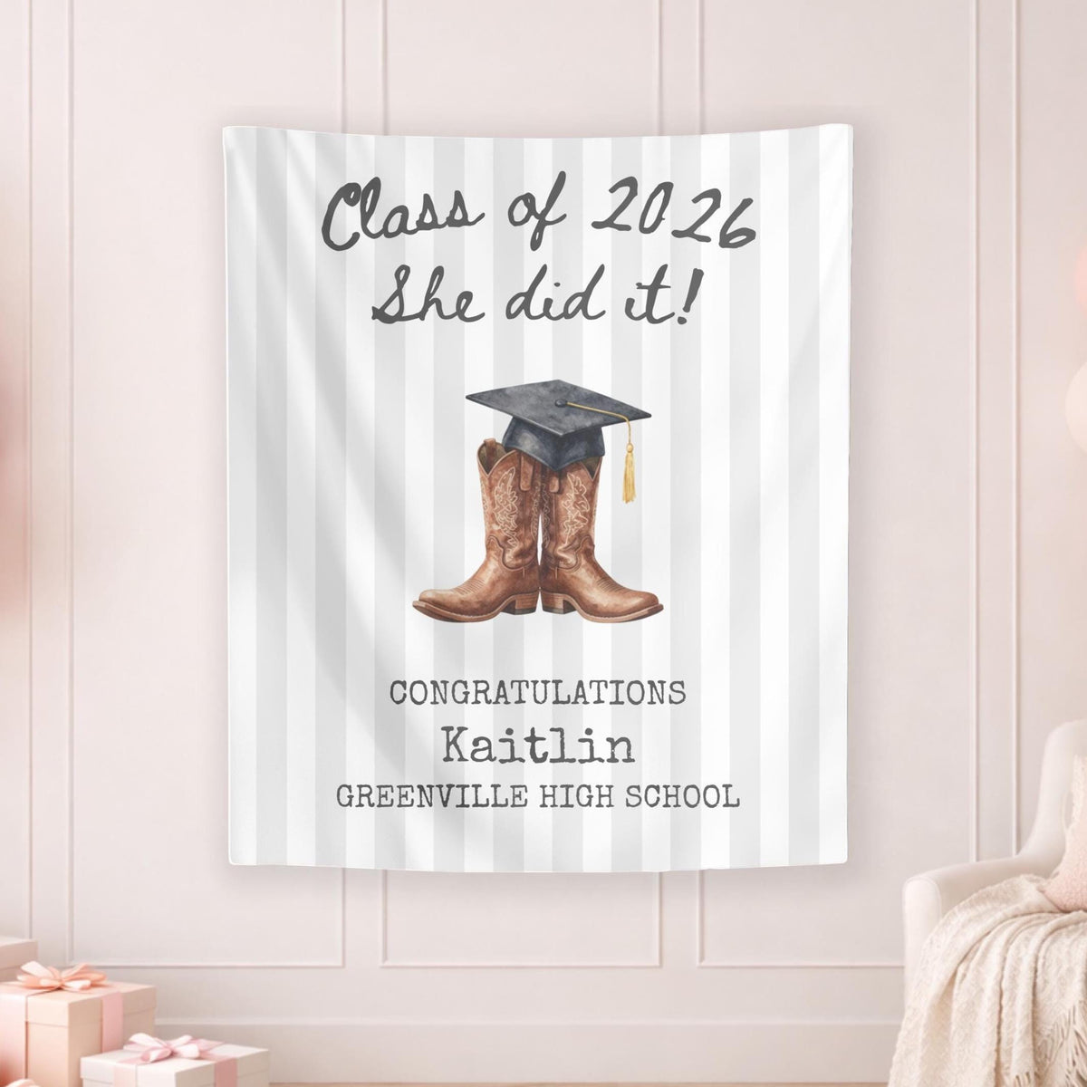 Western Graduation Banner 2026, Cowboy Boots Party Tapestry, Class of 2026 Congrats Grad Sign, Personalized Graduation Party Backdrop