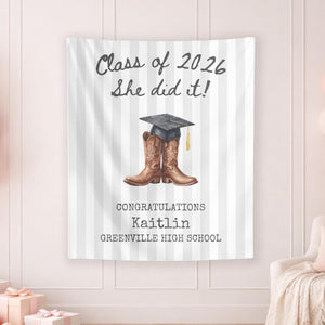 Western Graduation Banner 2026, Cowboy Boots Party Tapestry, Class of 2026 Congrats Grad Sign, Personalized Graduation Party Backdrop