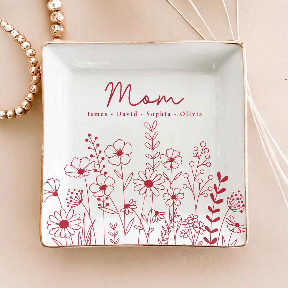 Custom Ring Dish for Mom Grandma with Kids Name, Grandma Trinket Dish, Wildflower Jewelry Tray, Birthday Mothers Day Gift for Mom or Grandma