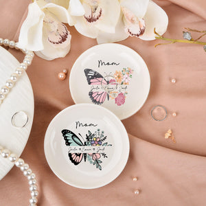 Personalized Ceramic Mom Ring Dish, Butterfly Flower Jewelry Tray, Birthday Wedding Gifts for Her, Mother's Day Gifts for Mom Grandma Nana