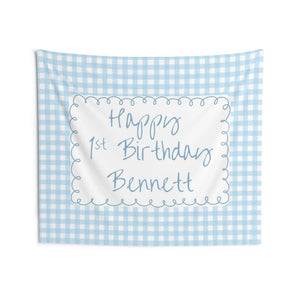 Personalized Blue Gingham Birthday Banner - Custom Party Backdrop