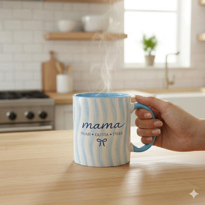 Custom Mom Name Ceramic Mug with Kids Names: Personalized Family Blue Striped Drinkware