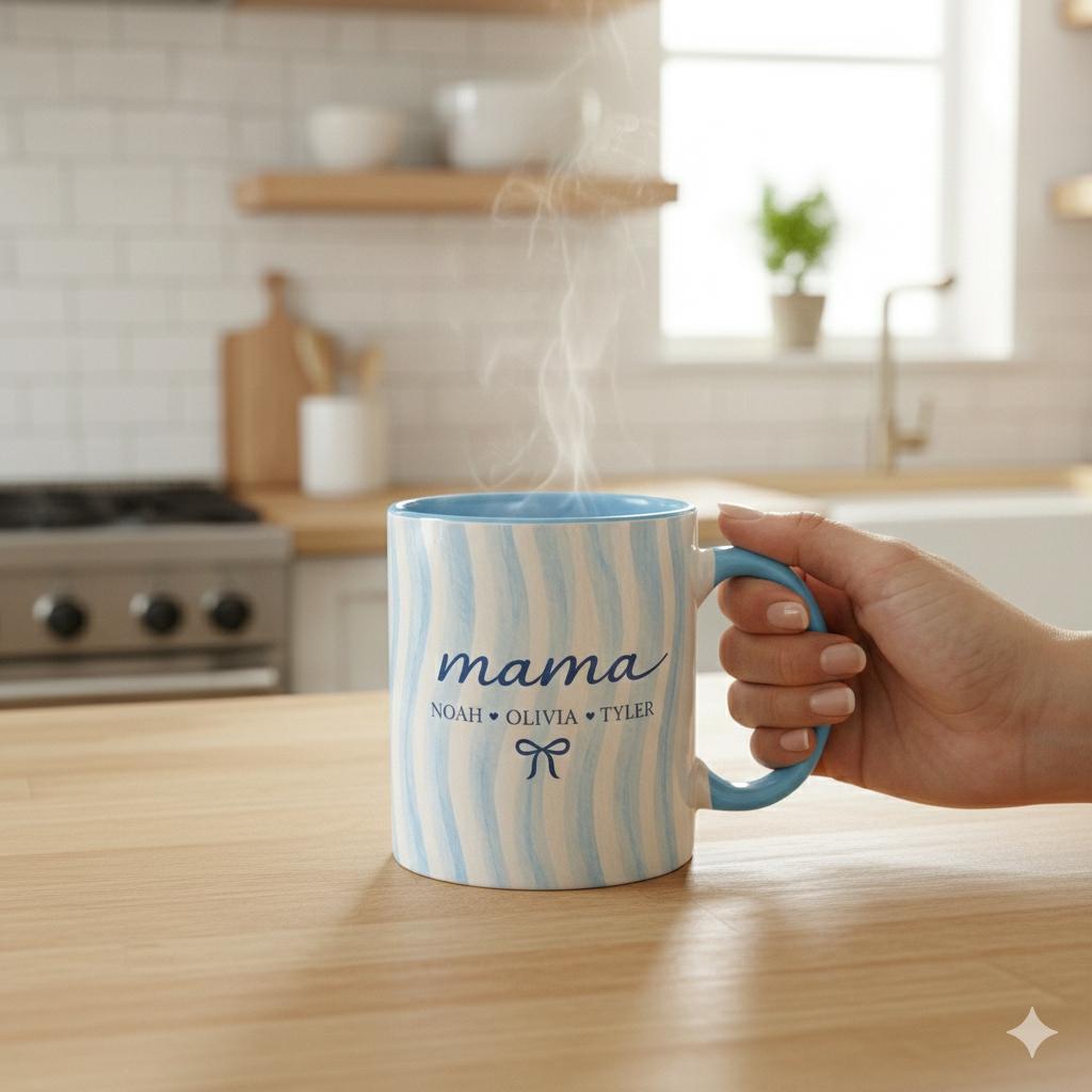 Custom Mom Name Ceramic Mug with Kids Names: Personalized Family Blue Striped Drinkware