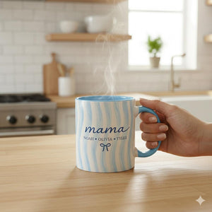 Custom Mom Name Ceramic Mug with Kids Names: Personalized Family Blue Striped Drinkware
