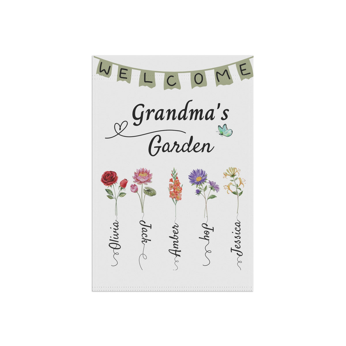 Personalized Welcome To Grandma's Garden Flag BirthDay Gift For Grandmother Custom Grandkids Name Mimi Granny Birthday Garden Sign banner