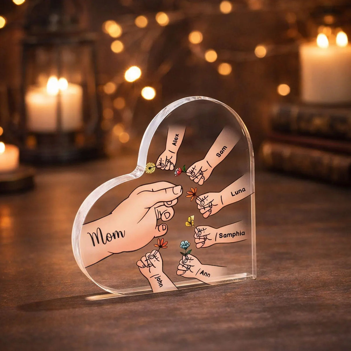 Personalized Name Mom And Kid Hands Heart Acrylic Plaque, Mother's Day Gift, Grandma Gifts, Floral Frame Birthday For Her