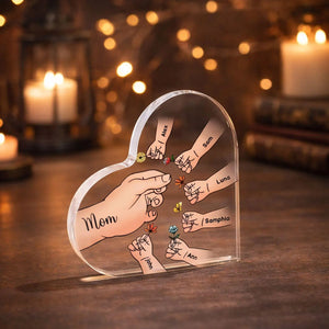 Personalized Name Mom And Kid Hands Heart Acrylic Plaque, Mother's Day Gift, Grandma Gifts, Floral Frame Birthday For Her