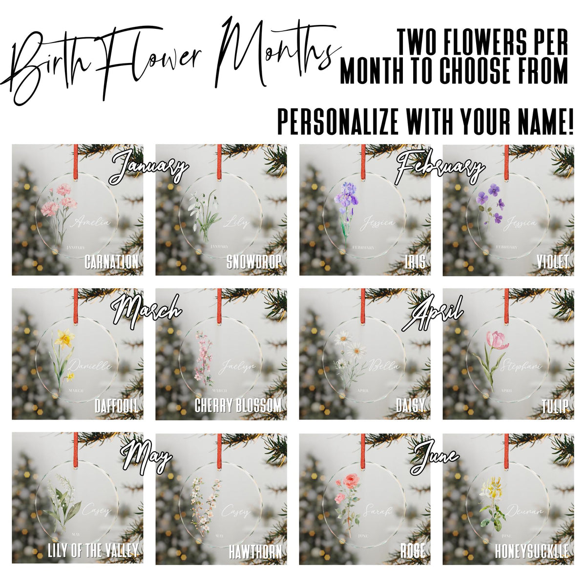 Personalized Birth Month Flower Glass Ornament: Custom Holiday Keepsake with Name