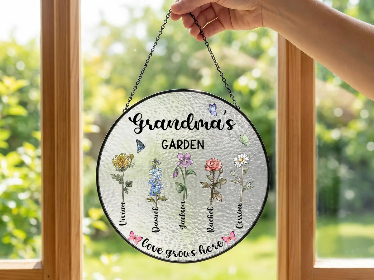 Personalized Grandma s Garden Glass Suncatcher, Custom Birth Flower Grandma Gift, Mothers Day Gift for Grandma