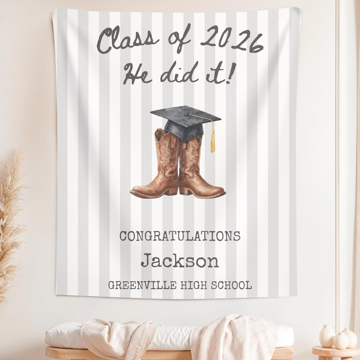 Western Graduation Banner 2026, Cowboy Boots Party Tapestry, Class of 2026 Congrats Grad Sign, Personalized Graduation Party Backdrop