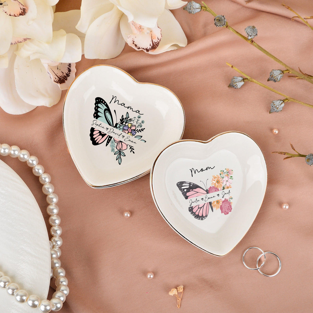 Personalized Ceramic Mom Ring Dish, Butterfly Flower Jewelry Tray, Birthday Wedding Gifts for Her, Mother's Day Gifts for Mom Grandma Nana