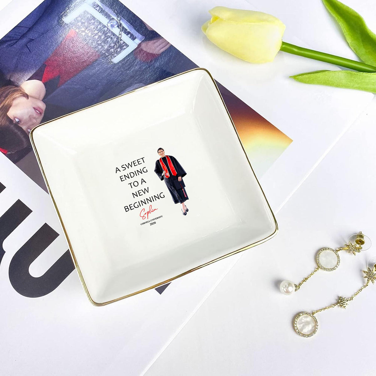 Personalized Graduation Photo Jewelry Dish: Custom Ceramic Trinket Tray Gift for Graduate, College Graduation Keepsake, Class of 2026 Ring