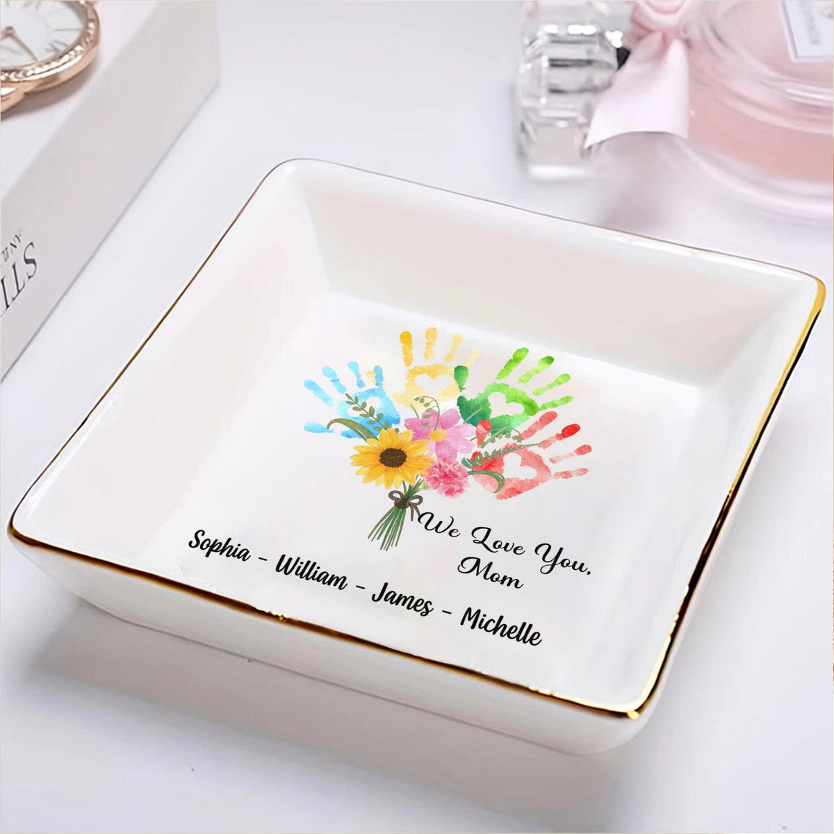 We Love You Mom Hand Prints Bouquet - Personalized Jewelry Dish, Mother's Day Gift for Mom/Grandma, Wedding Favor Gifts For Mom